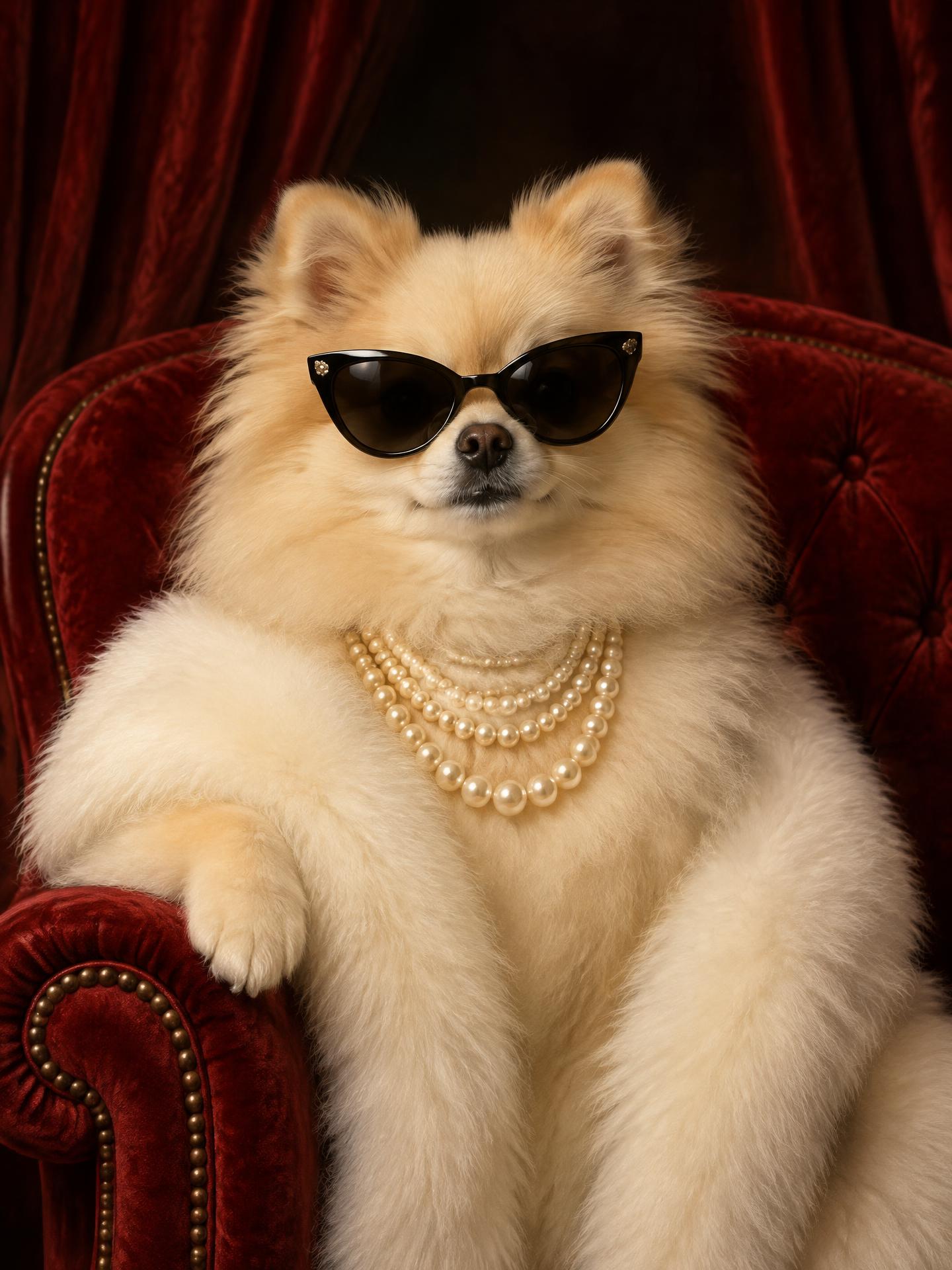 Pomeranian som glamorös Hollywoodstjärna från 1950-talet — öppna galleri