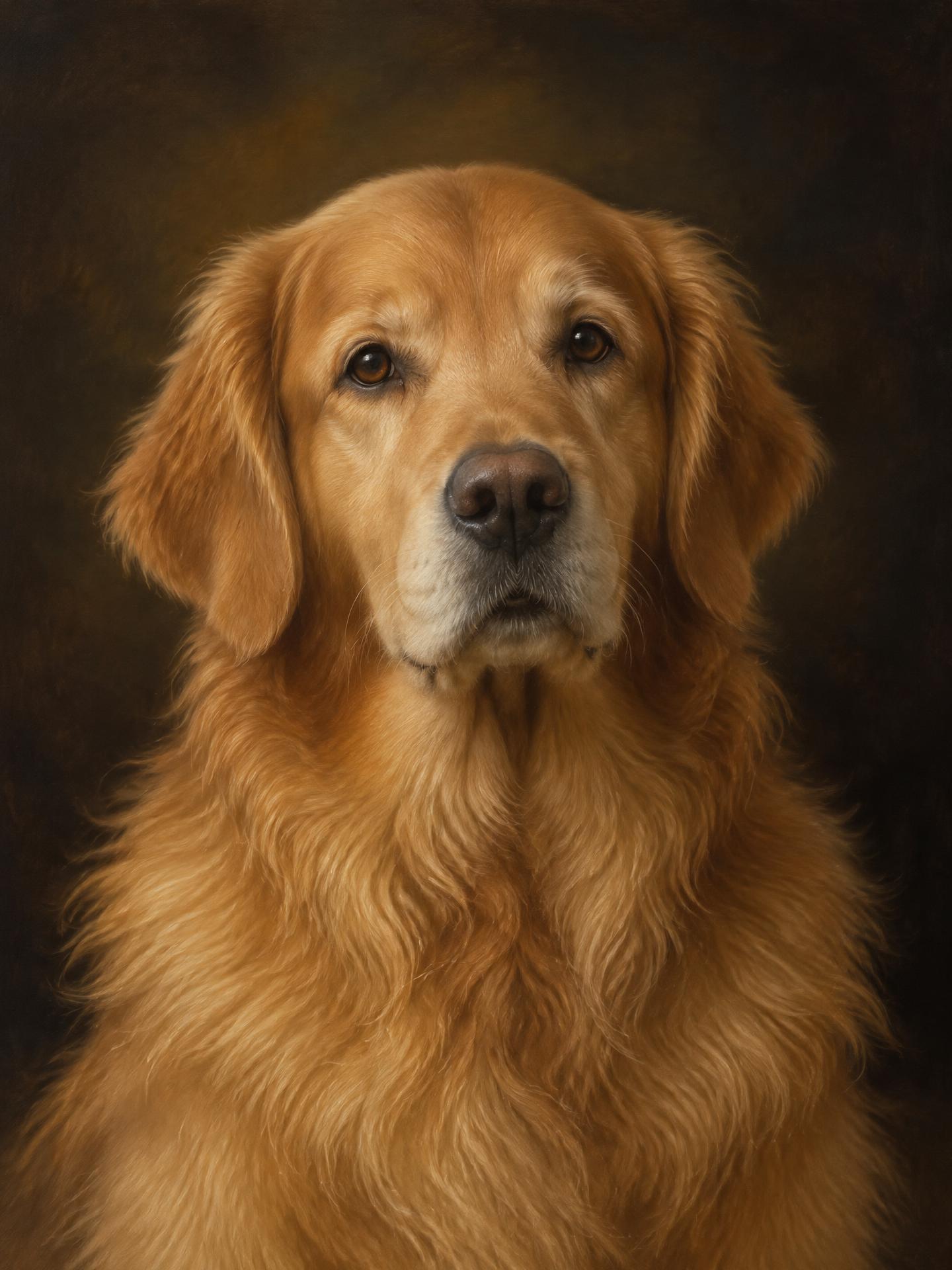 Minnesporträtt av en golden retriever i varmt ljus — öppna galleri