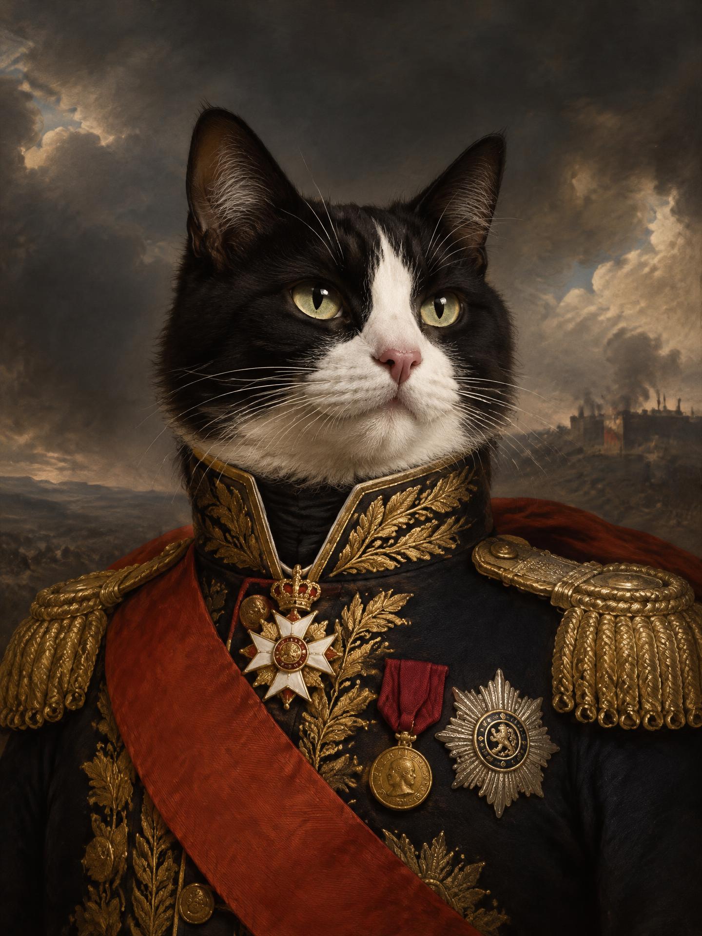 Svartvit katt målad som Generalen